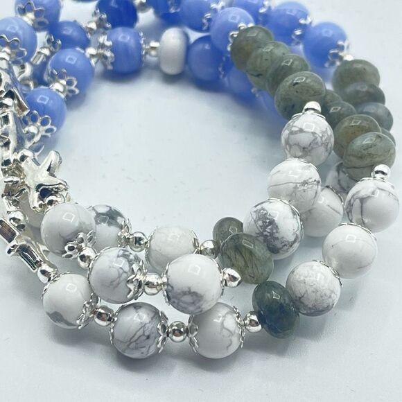 Starfish ocean beaded stretch bracelet ONE NEW blue lace agate howlite labradori - Picture 5 of 7